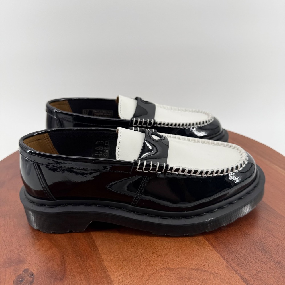 Dr. Martens Penton Heart Loafers Black White Patent Leather Women US 7 EU 38